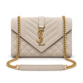 Saint Laurent YSL Envelope small chain crossbody bag in cream off-white chevron quilted suede with oversized gold YSL monogram and gold curb chain strap with leather shoulder pad