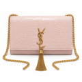 Saint Laurent YSL Kate Tassel chain crossbody bag in blush pink croc-embossed calfskin leather with antique gold YSL monogram gold curb chain and gold silk tassel