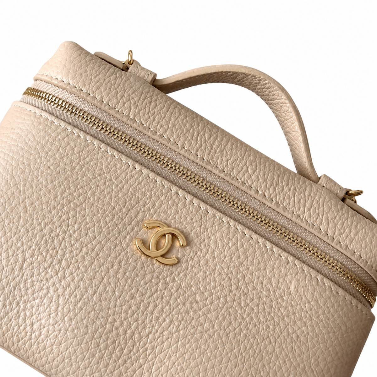 Chanel Cream Pebbled Leather Mini Camera Bag | Top Handle, Zip & Gold Chain