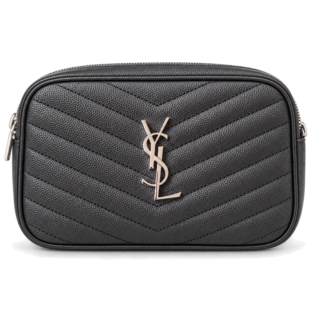 Saint Laurent YSL Lou Mini Camera Bag in Black Grained Leather with Silver YSL Monogram Chevron Quilting and Adjustable Strap