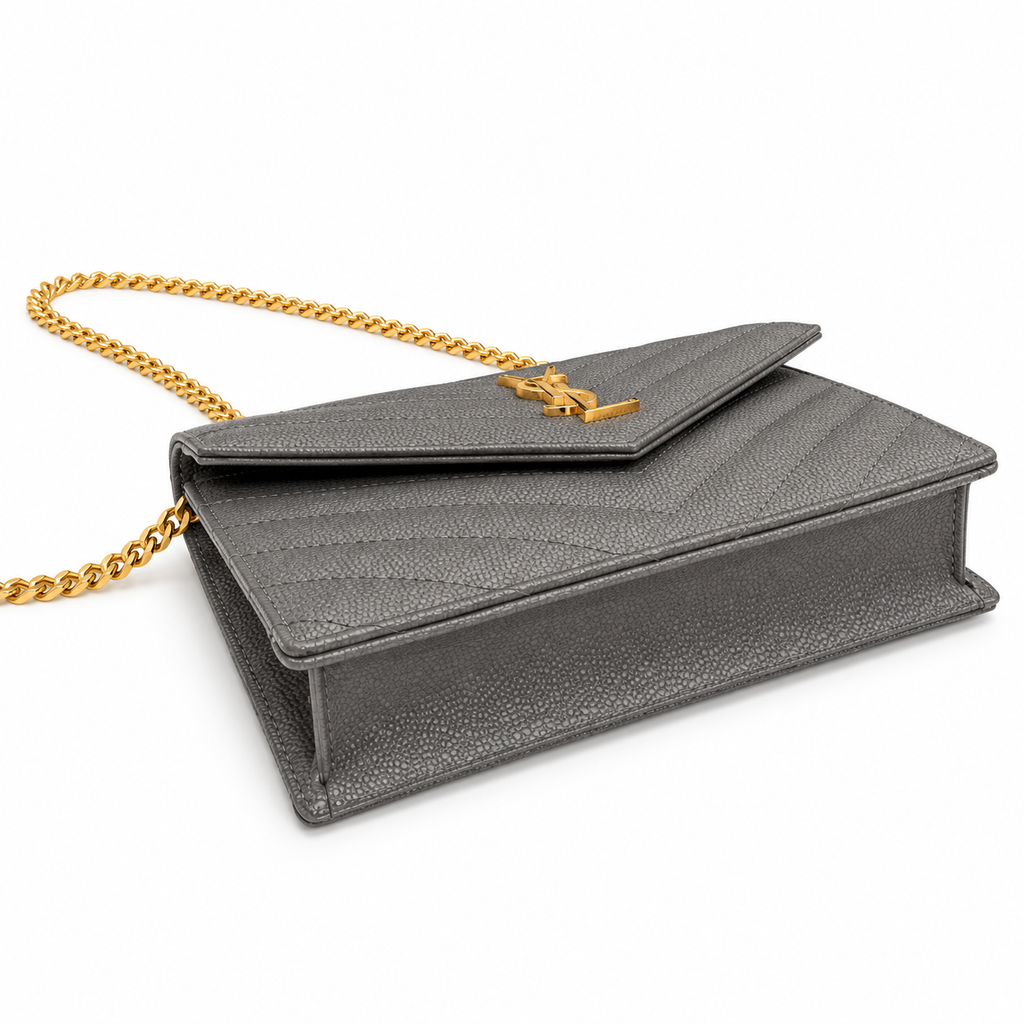 YSL Saint Laurent Envelope Chain Wallet in Dark Grey Matelassé Leather
