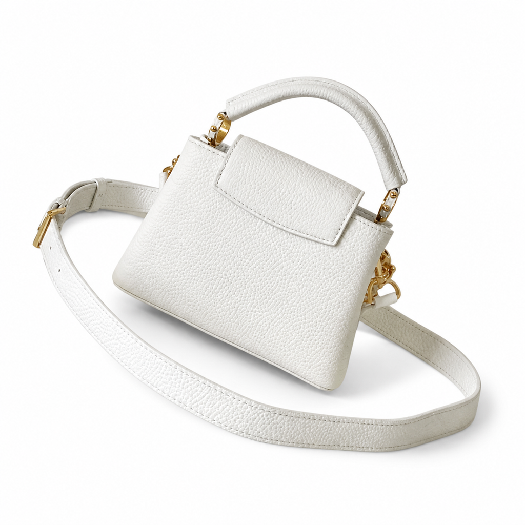 Louis Vuitton Capucines Mini White Leather Handbag with Double Gold Chain