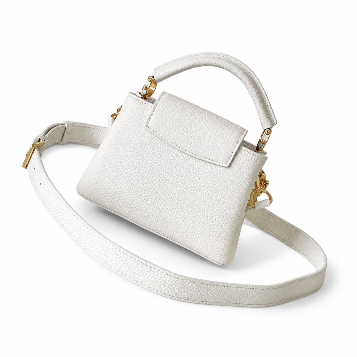 Louis Vuitton Capucines Mini White Leather Handbag with Double Gold Chain