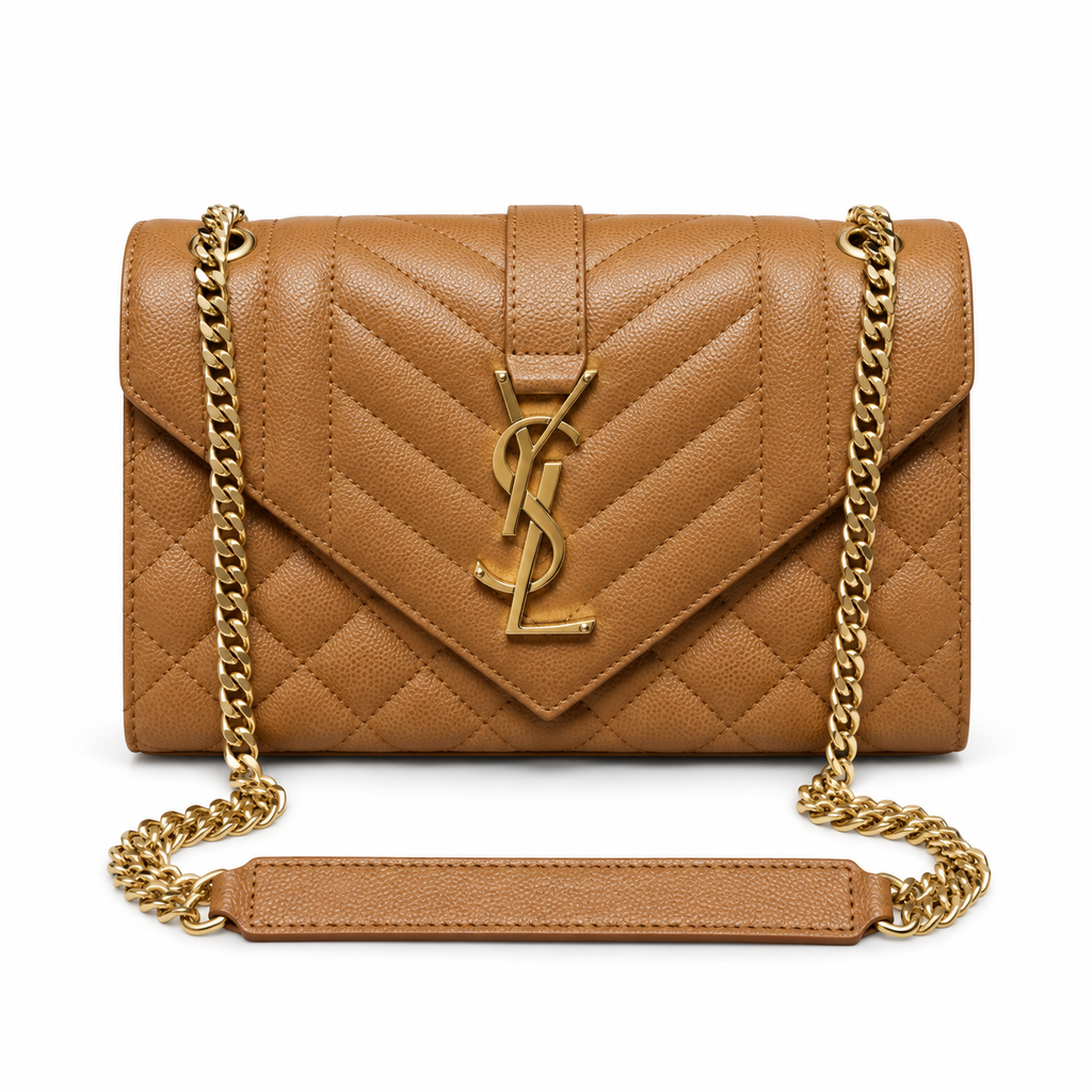 Saint Laurent YSL Envelope Bag in Camel Tan Warm Cognac Mix-Matelasse Quilted Grained Leather with Shiny Gold YSL Monogram Mixed Chevron Quilting and Gold Curb Chain Strap