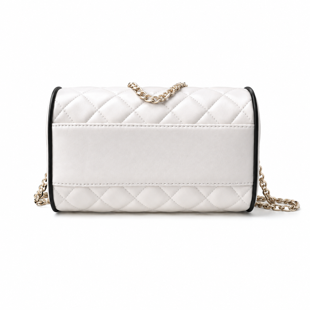 Chanel Quilted Barrel Bag | CC Logo Gold Chain White Black — 11.5x18.5cm
