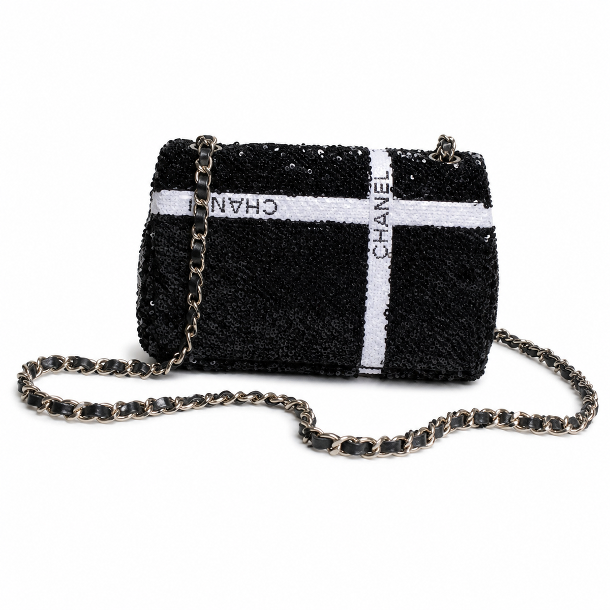 Chanel Monochrome Sequin Bow Chain Shoulder Bag