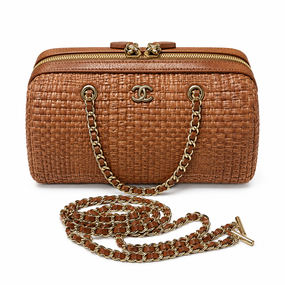 Chanel Raffia Barrel Bag Woven Caramel Gold Chain Extra-Long Strap 18.5cm