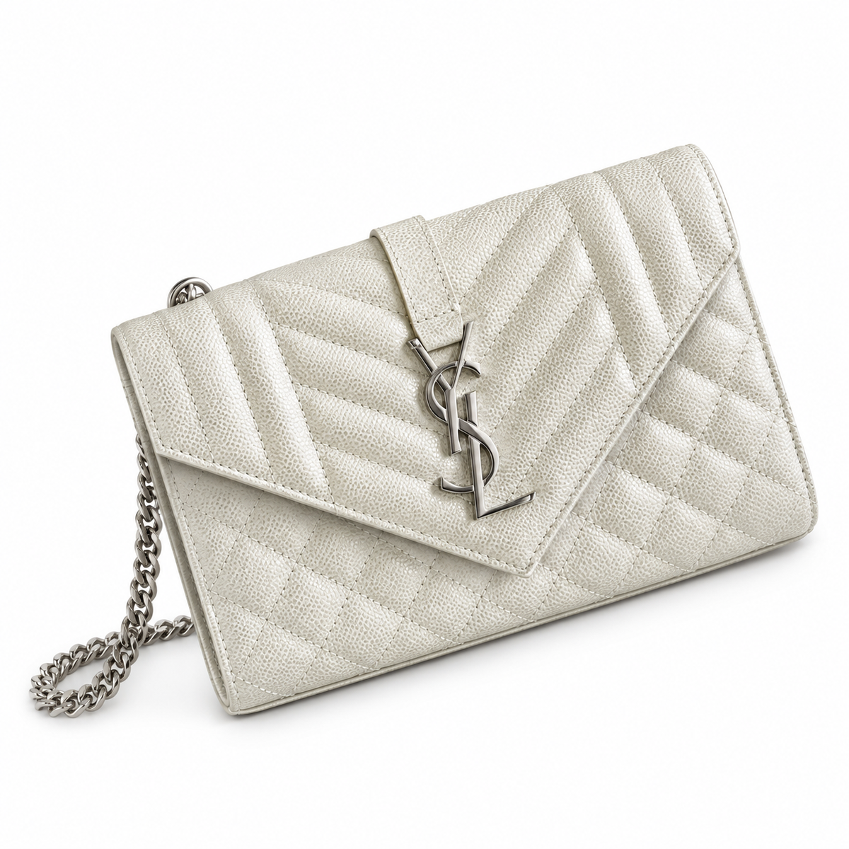 Saint Laurent YSL Envelope Bag – Pearl White Silver