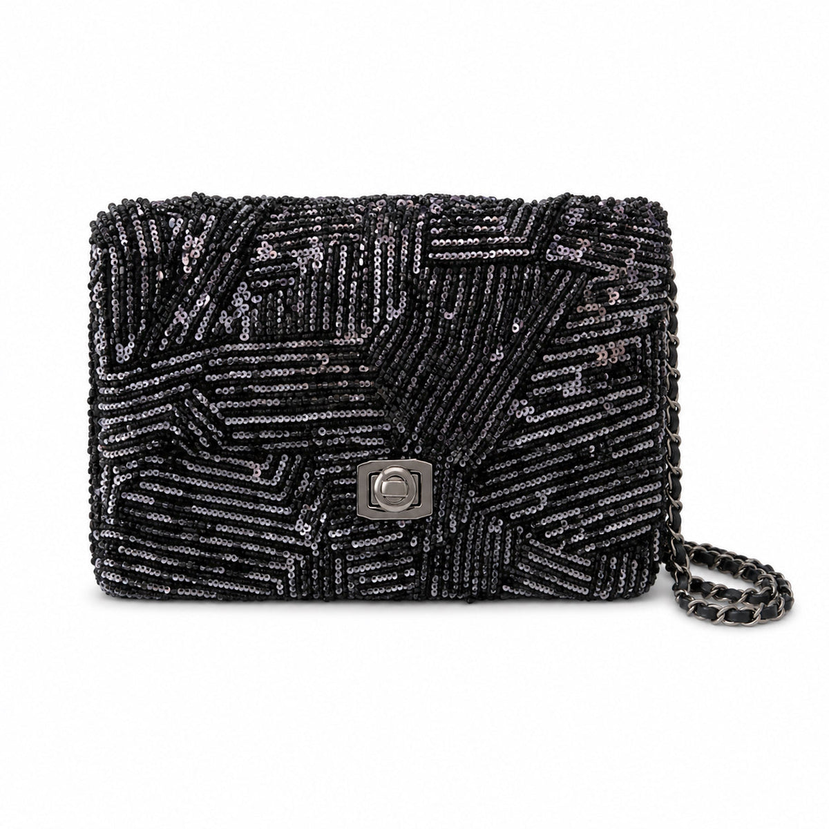 Chanel Small Flap Bag Black Micro-Bead & Sequin Hand-Embroidered Chevron | Ruthenium Chain — 20cm