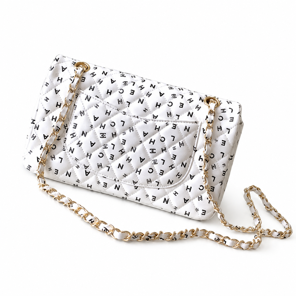 Chanel White Logo-Print Quilted Classic Double Flap Bag