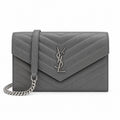YSL Saint Laurent Envelope Chain Wallet in Grey Matelassé Leather with Silver Hardware