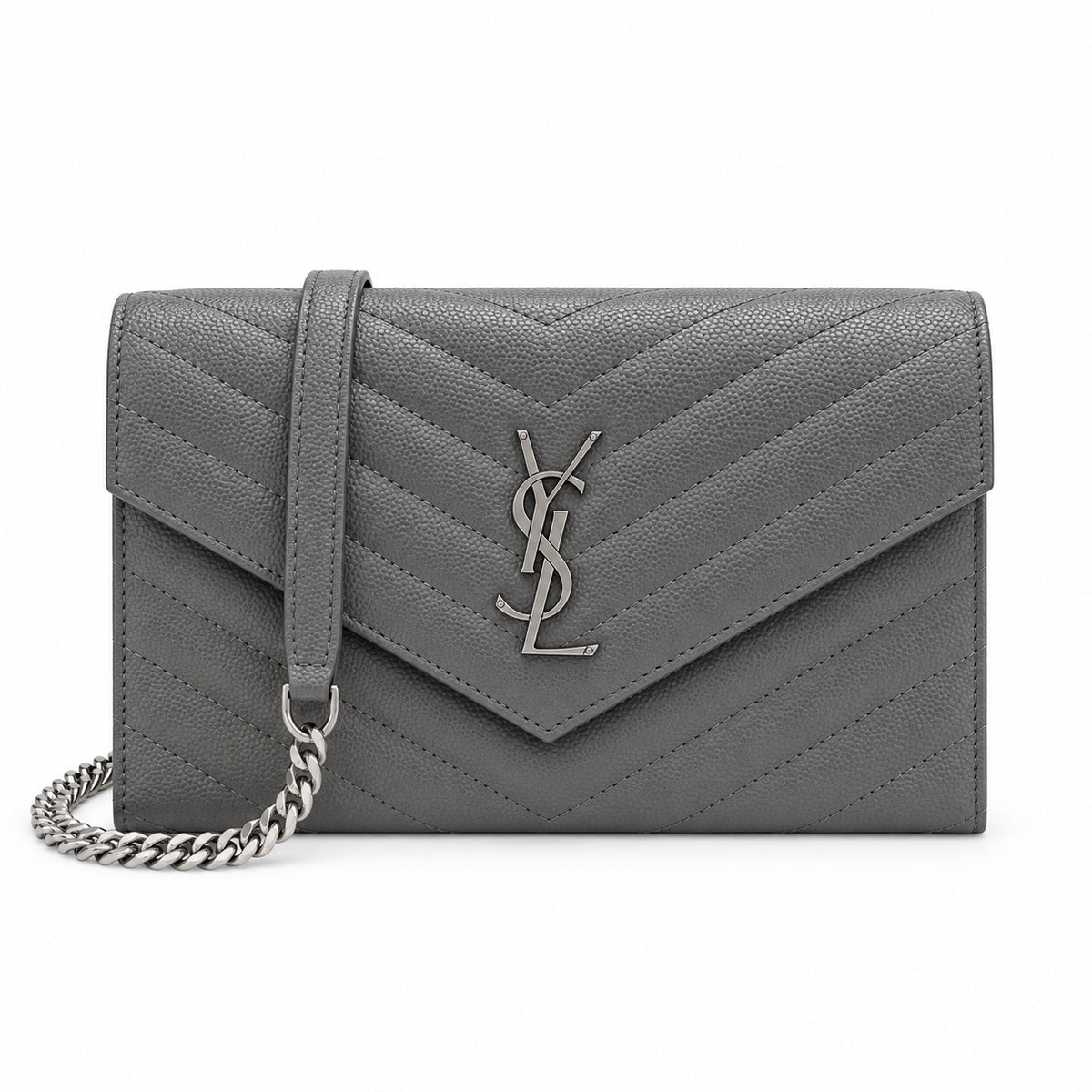 YSL Saint Laurent Envelope Chain Wallet in Grey Matelassé Leather with Silver Hardware