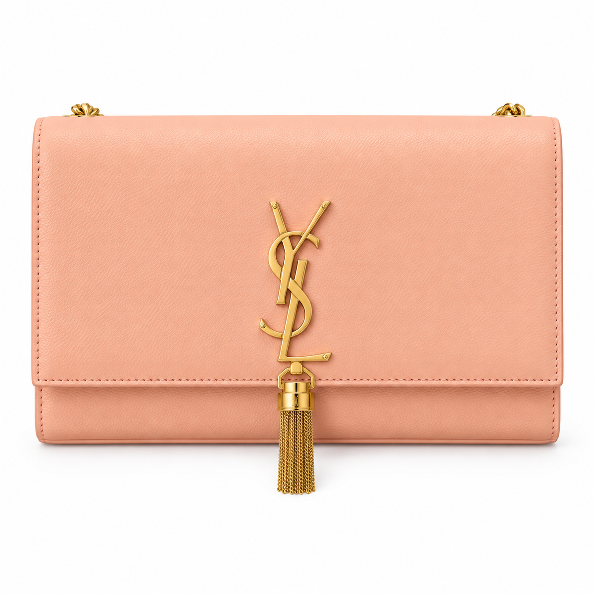 Saint Laurent YSL Kate Tassel Chain Bag in Blush Pink Smooth Leather with Gold YSL Monogram and Gold Tassel Charm