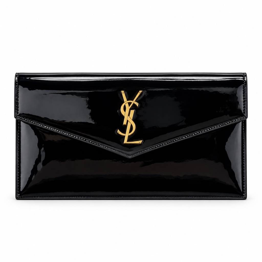 YSL Saint Laurent Cassandre Envelope Clutch in Black Patent Leather