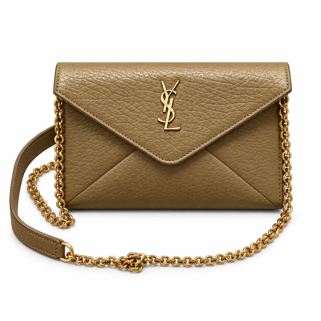 YSL Saint Laurent Gaby Envelope Bag Olive Grained Leather Gold Chain