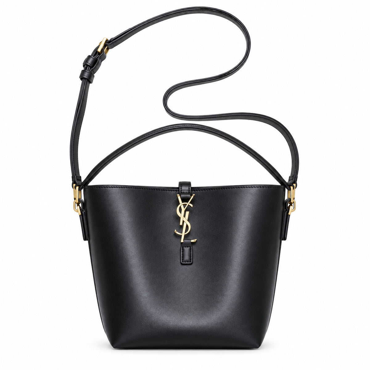 YSL Le 37 Bucket Bag in black smooth leather with gold YSL cassandre monogram charm, top loop handle and long adjustable crossbody strap, front view