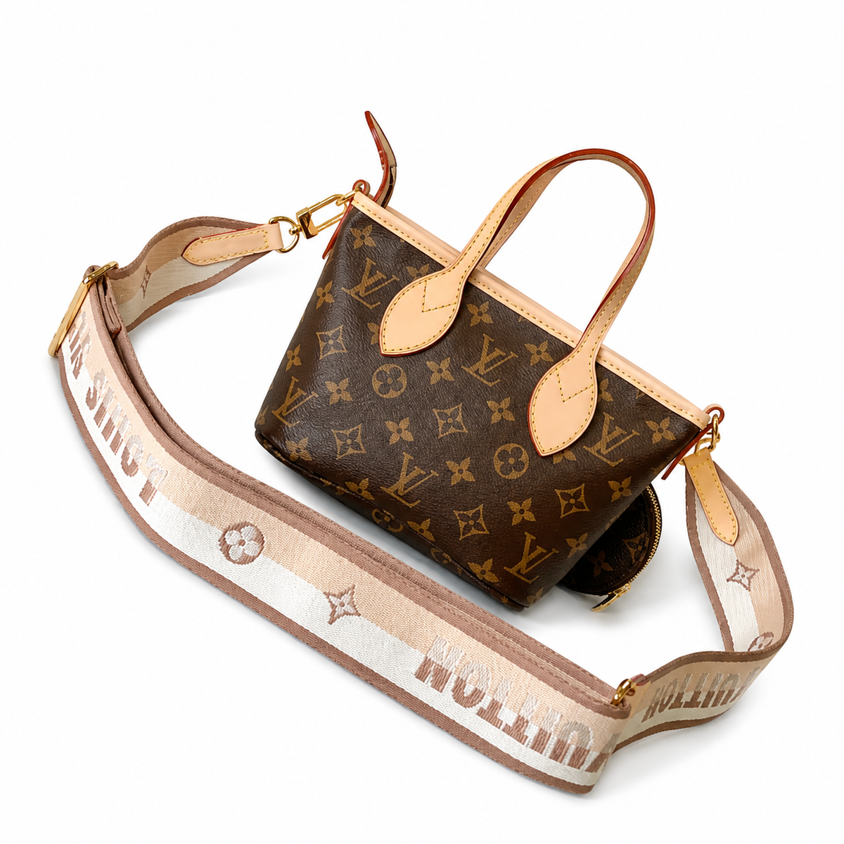 Louis Vuitton Neverfull BB Monogram Tote with Coin Purse & Logo Strap