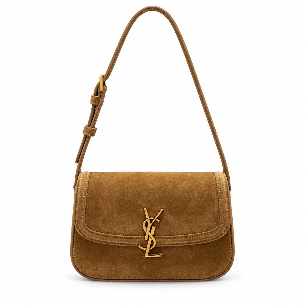 Saint Laurent Solferino flap shoulder bag in tan suede with gold YSL monogram and adjustable leather strap