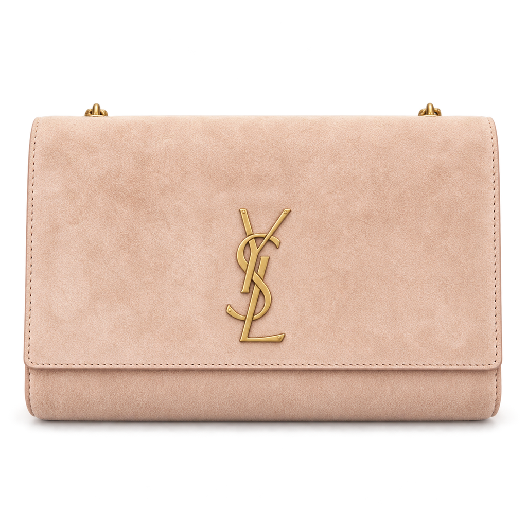 Saint Laurent YSL Kate Chain Bag in Nude Blush Pink Suede with Antique Gold YSL Monogram and Gold Chain Strap