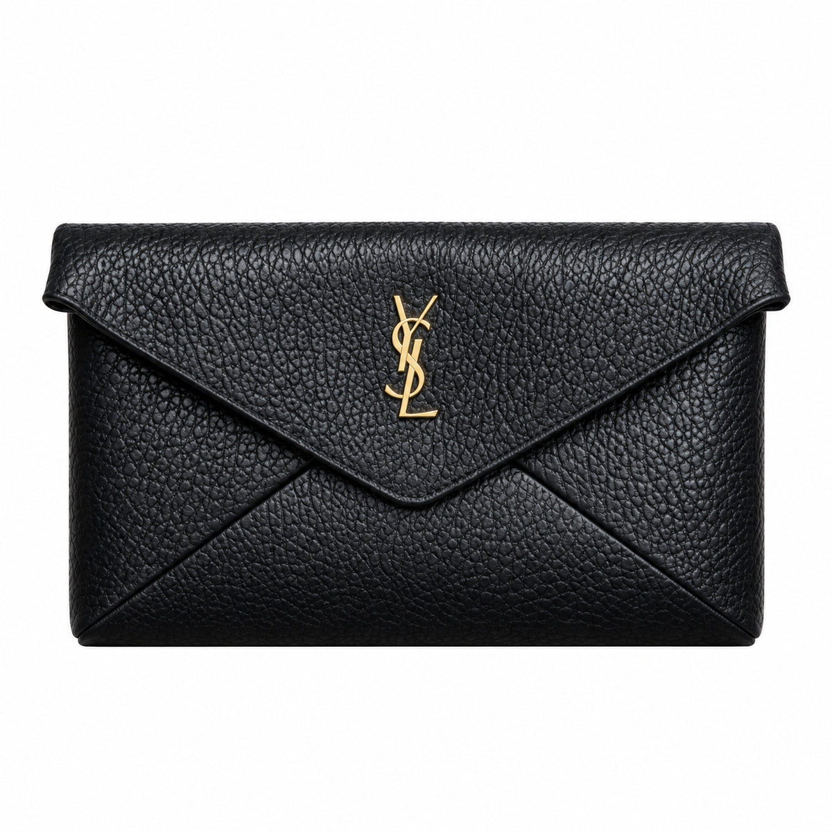 YSL Saint Laurent Cassandre Large Envelope Pouch Black Grained Leather Gold YSL Monogram V-Flap Oversized Clutch