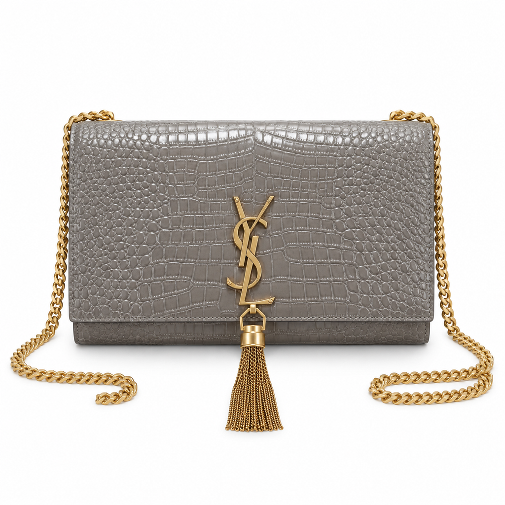 Saint Laurent YSL Kate Tassel Bag – Grey Croc Gold