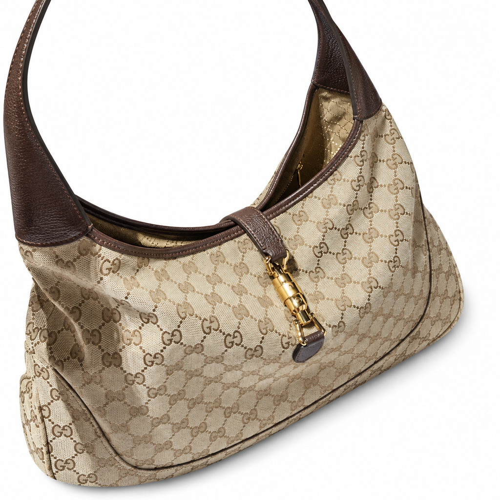 Gucci Jackie O Hobo in Beige GG Original Canvas with Dark Brown Leather Trim