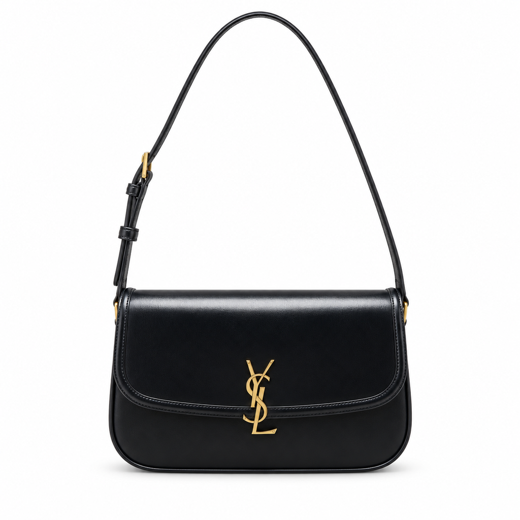 Saint Laurent Solferino Medium flap shoulder bag in black box calfskin leather with antique gold YSL monogram and slim adjustable strap