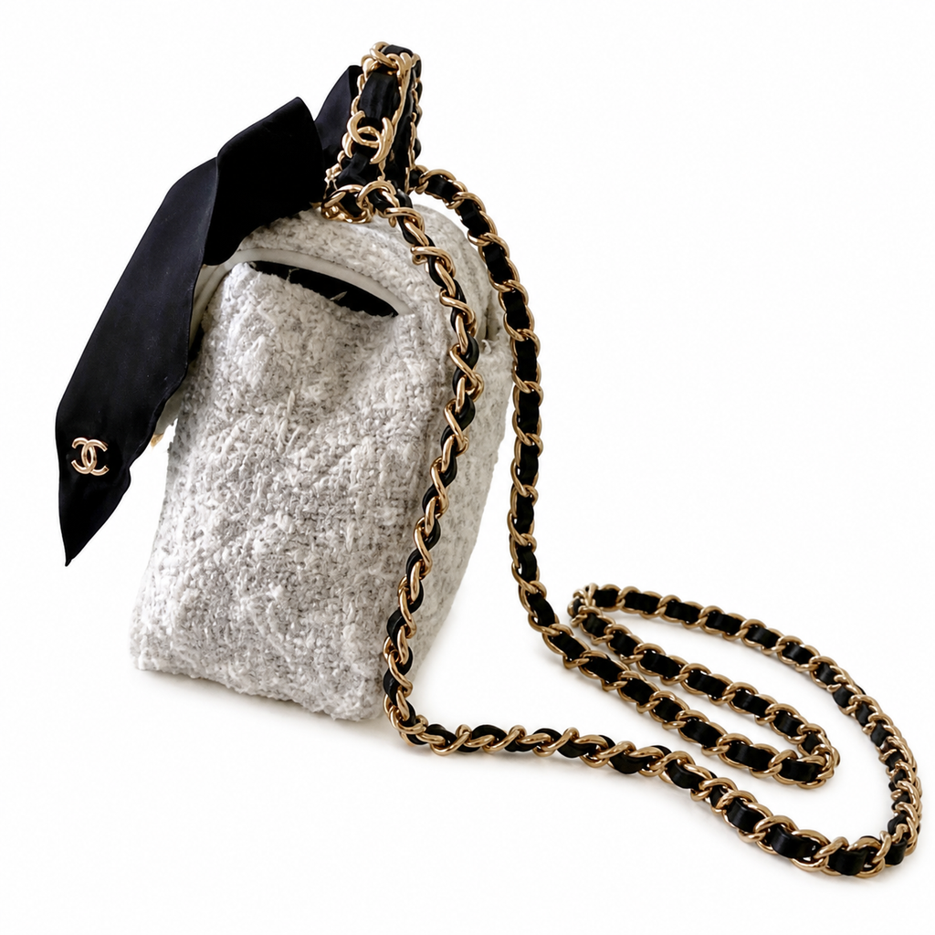 Chanel Quilted Flap Bag White Sparkle Tweed | Black Satin Bow & Gold Chain — 20cm