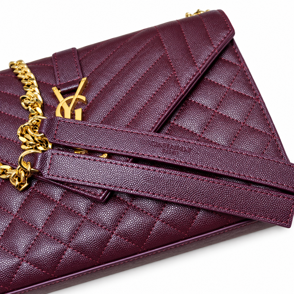 Saint Laurent YSL Envelope Bag – Burgundy Gold