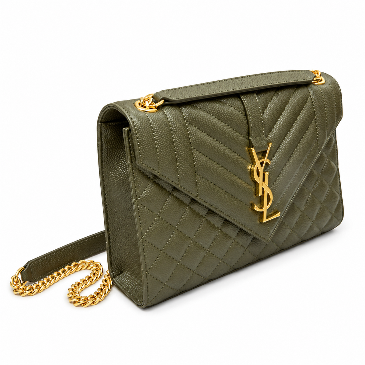 YSL College Quilted Caviar Leather Shoulder Bag Olive