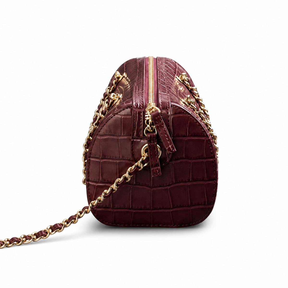 Chanel Deauville Croc-Embossed Burgundy Chain Bag