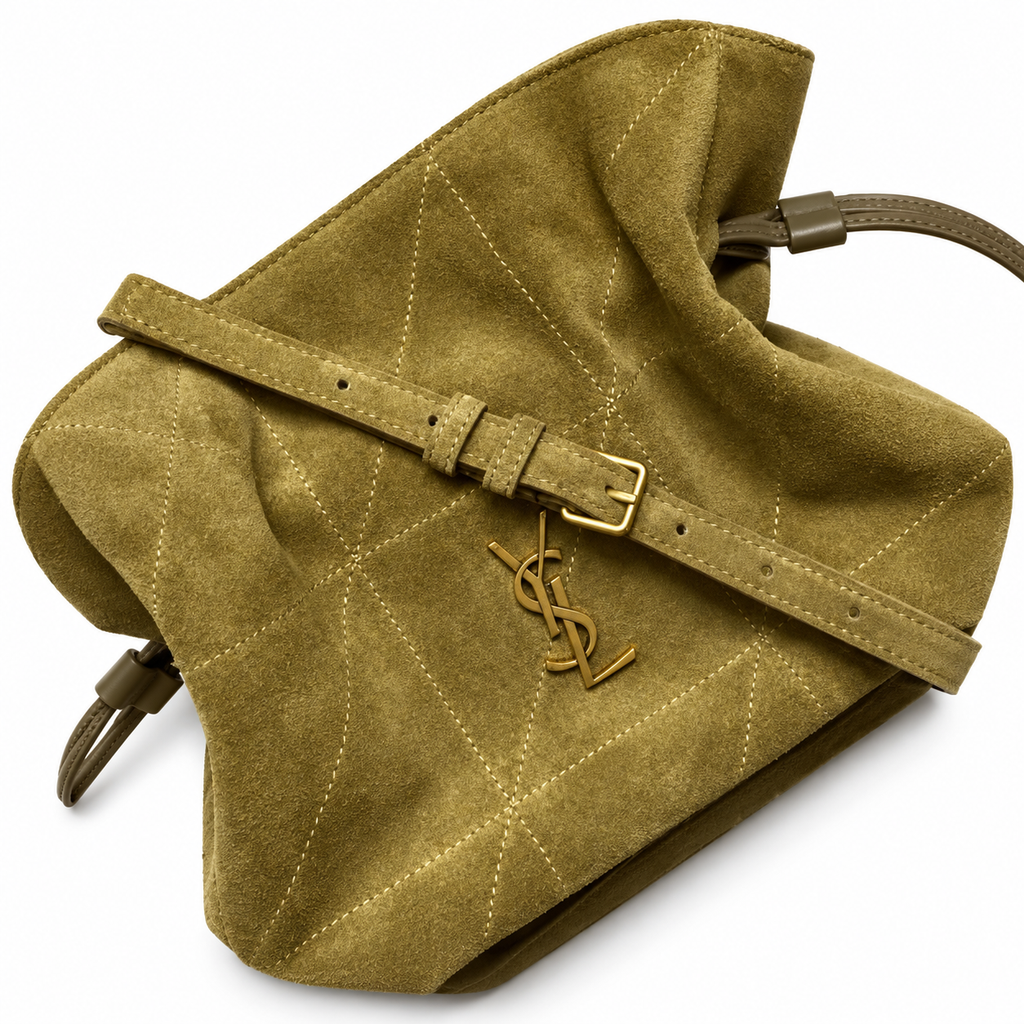 YSL Bouquet Drawstring Bag – Olive Quilted Suede
