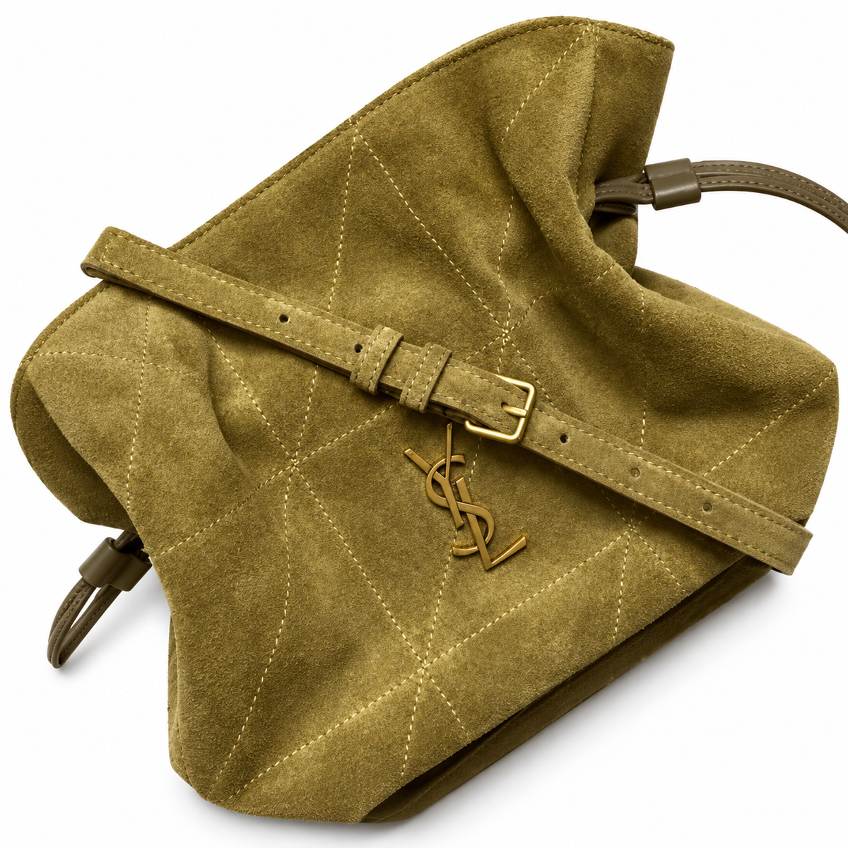 YSL Bouquet Drawstring Bag – Olive Quilted Suede