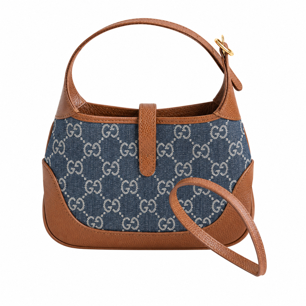 Gucci Jackie 1961 Mini Hobo in Blue GG Denim Canvas with Cognac Trim