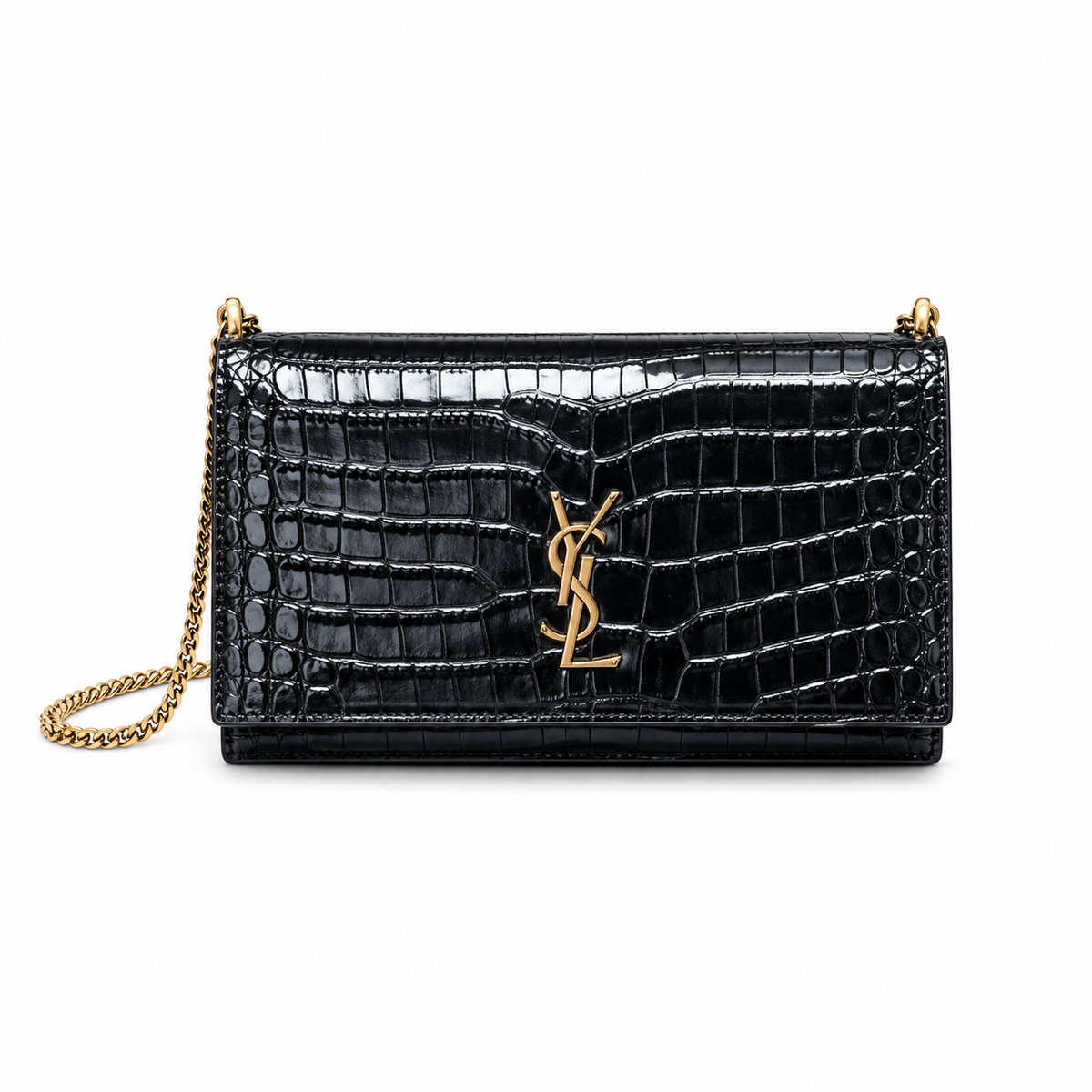 Saint Laurent Kate Medium Chain Bag in Black Crocodile-Embossed Patent Leather