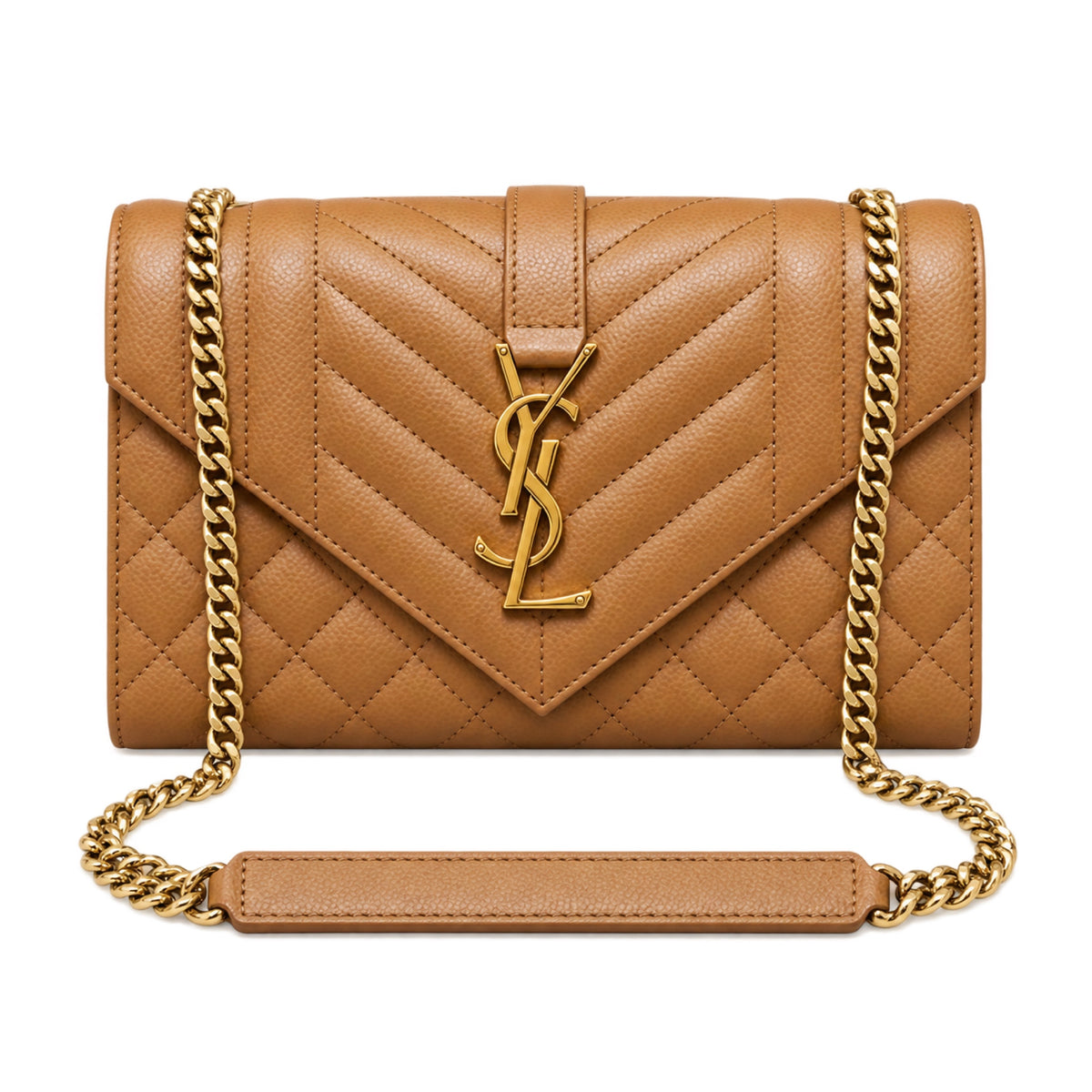 Saint Laurent YSL Envelope small chain crossbody bag in camel warm tan chevron quilted grained calfskin leather with oversized gold YSL monogram and gold curb chain with leather shoulder pad