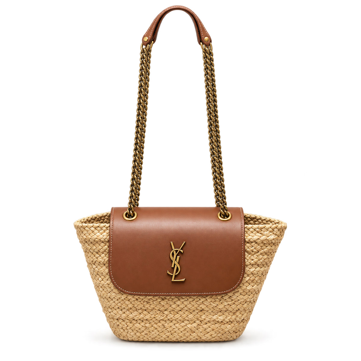 Saint Laurent Nino Raffia Basket Bag in Natural Tan Leather