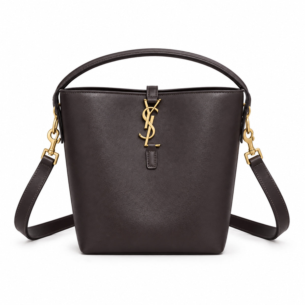 YSL Le 37 Bucket Bag in dark brown smooth leather with gold YSL cassandre monogram charm, top loop handle and wide adjustable crossbody strap, front view