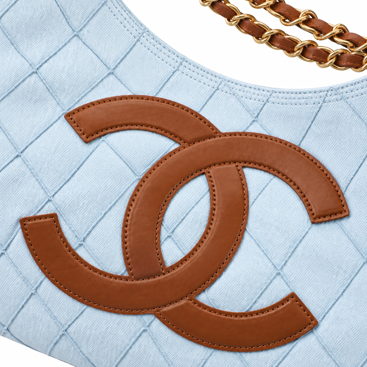 Chanel Large Gathered Hobo Tote Quilted Lambskin Ice Blue Tan CC 43cm