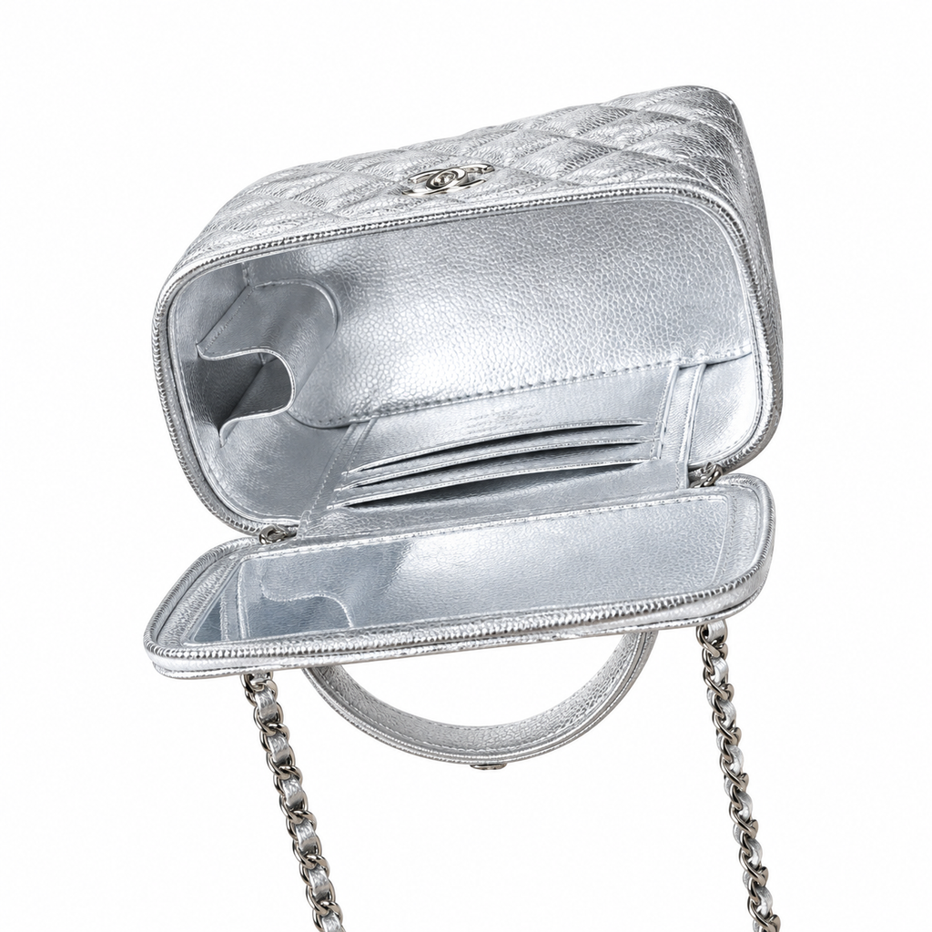 Chanel CC Embossed Metallic Caviar Vanity Case Silver 17cm