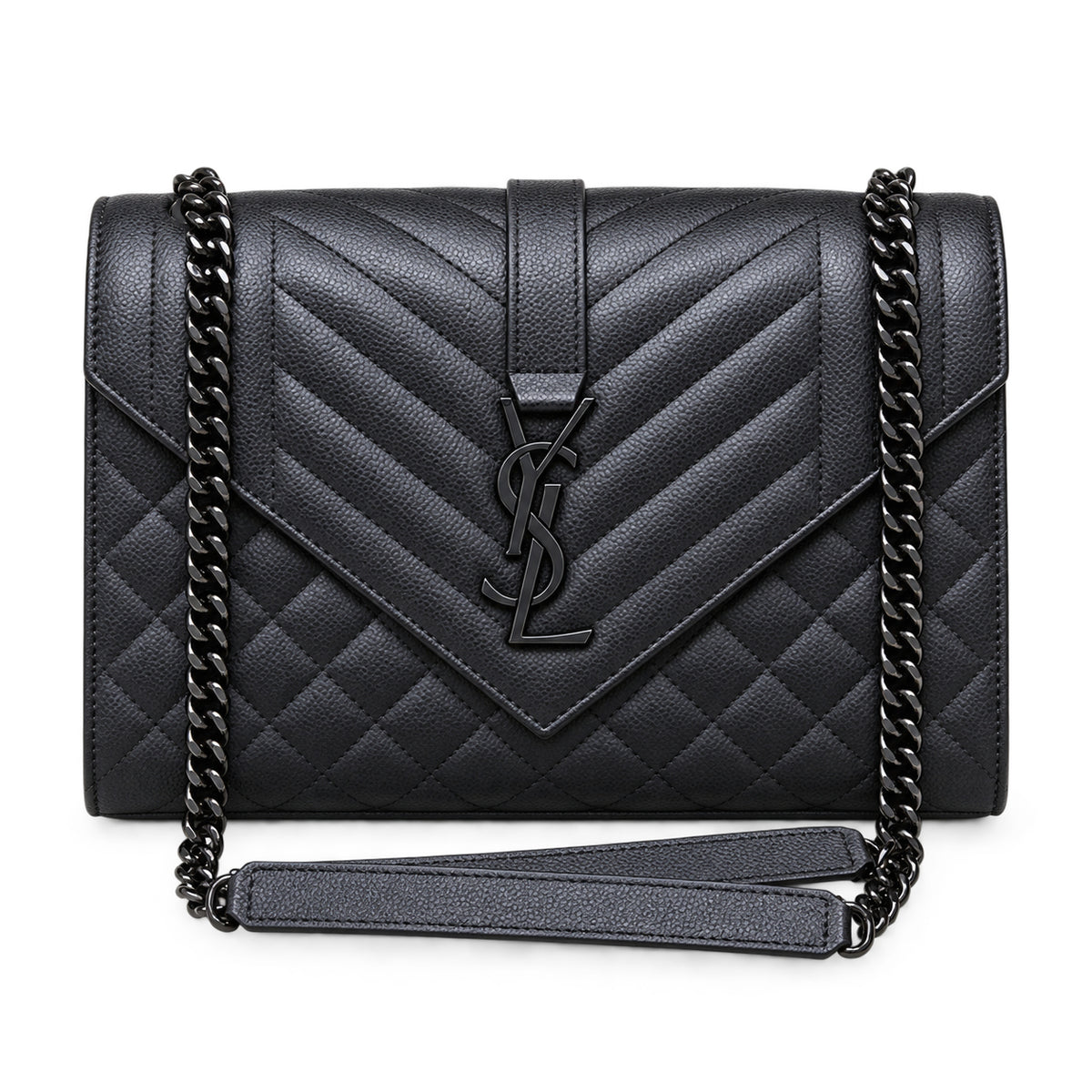 Saint Laurent YSL Envelope Medium Bag All Black Noir Mix-Matelasse Quilted Grained Leather with Matte Black Tone-on-Tone YSL Monogram Chevron Quilting Matte Black Curb Chain and Black Leather Shoulder Strap