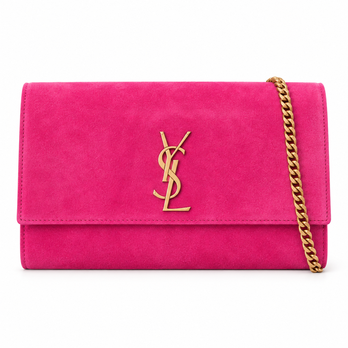 YSL Kate Chain Bag in fuchsia suede with oversized gold YSL monogram and curb chain strap, front view