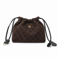 Chanel Chocolate Quilted Suede Drawstring Bucket | Black Cords & Bordeaux Interior — 22cm