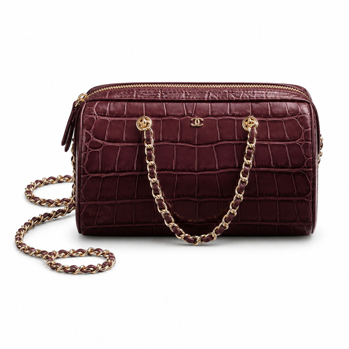 Chanel Deauville Croc-Embossed Burgundy Chain Bag