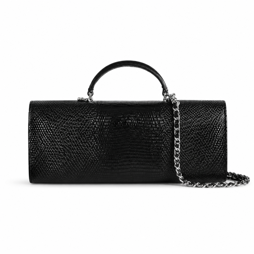 Chanel Black Lizard-Embossed Baguette Flap Bag | Top Handle & Silver Chain