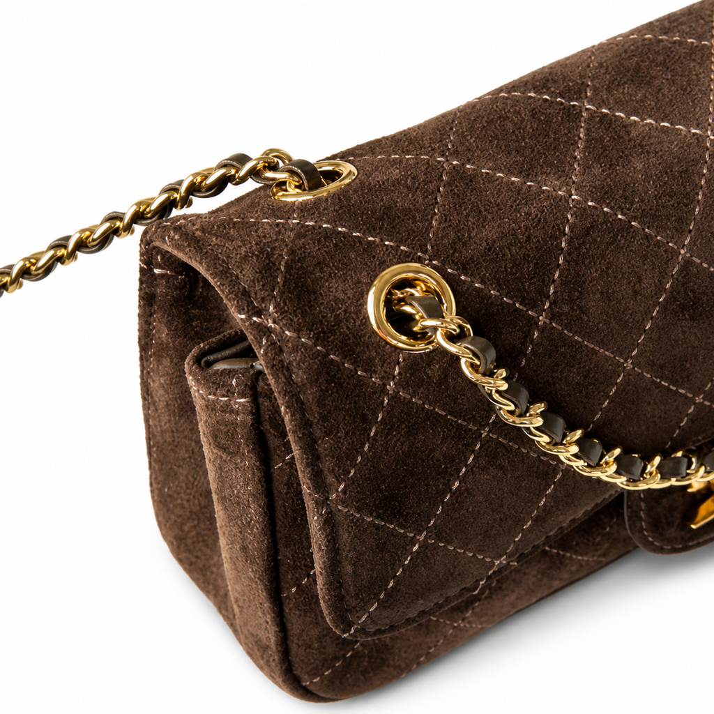 Chanel Classic Single Flap Bag Dark Chocolate Brown Quilted Suede | Aged Gold CC — 20cm