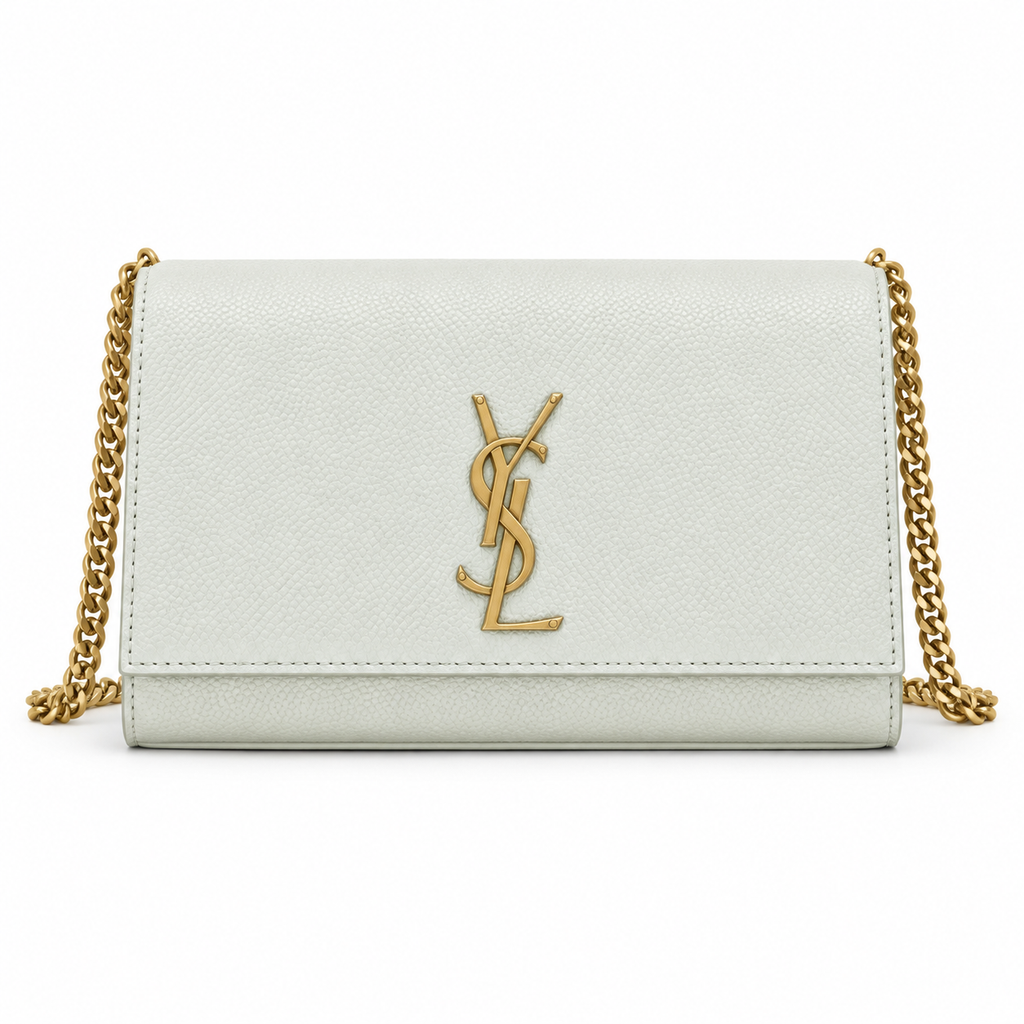 Saint Laurent YSL Kate Chain Bag in White Textured Leather with Gold YSL Monogram and Double Gold Chain Strap