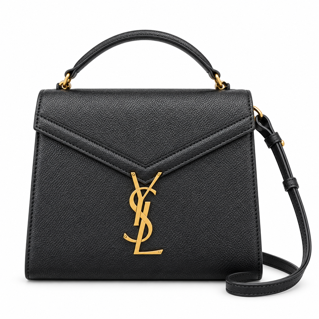 Saint Laurent YSL Cassandre Mini Top Handle Bag in Black Noir Grained Calfskin Leather with Shiny Gold Oversized YSL Monogram Charm Chevron Envelope Flap and Removable Leather Shoulder Strap