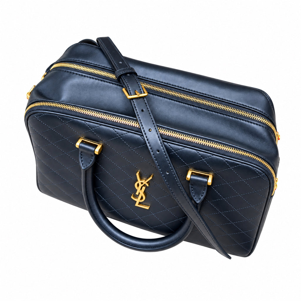 Saint Laurent YSL Quilted Boston Bag – Navy Blue