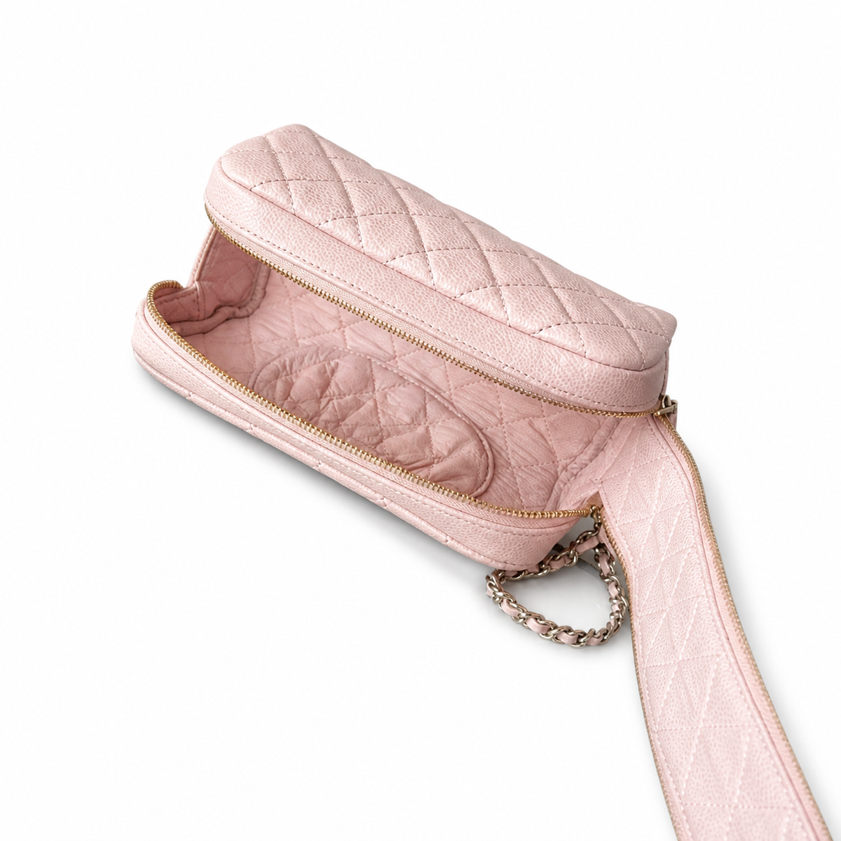 Chanel CC Quilted Cosmetic Pouch | Blush Pink & Silver Chain — 18cm